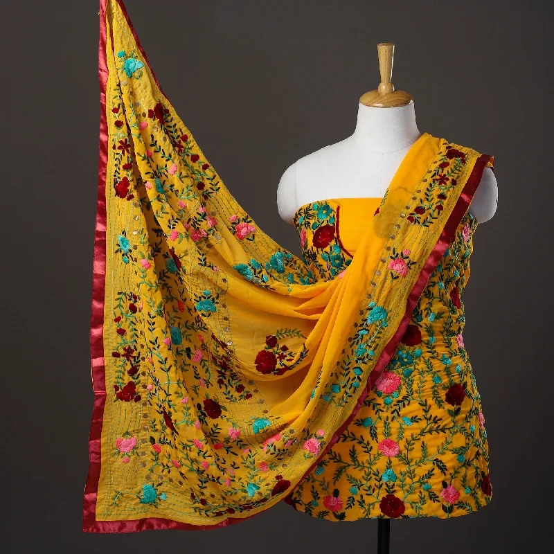 Yellow - 3pc Hand Embroidery Georgette Phulkari Dress Material 16