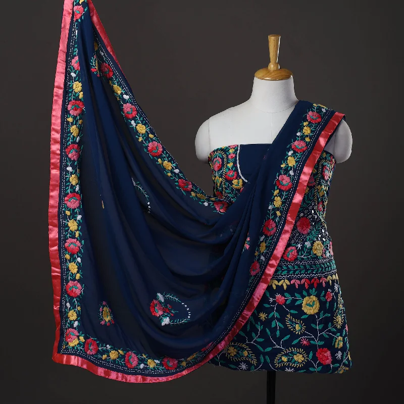 Blue - 3pc Hand Embroidery Georgette Phulkari Dress Material 30