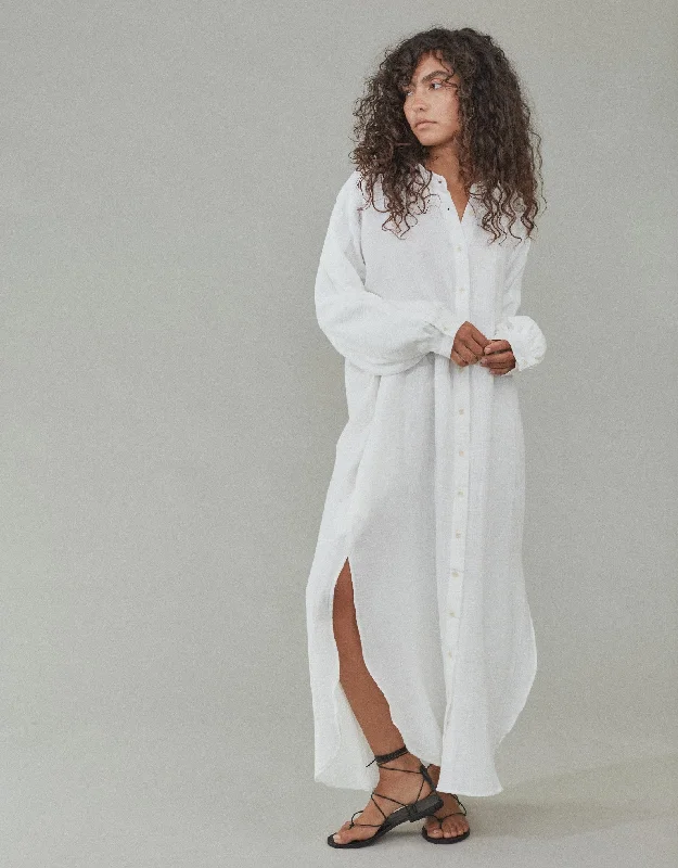 Lena Organic Cotton Gauze Maxi Shirt Dress Soft White