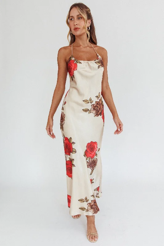 Aspen Spring Lace-Up Back Maxi Dress Floral Beige