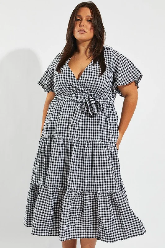 Black Check Midi Dress Short Sleeve Wrap Front Self Tie