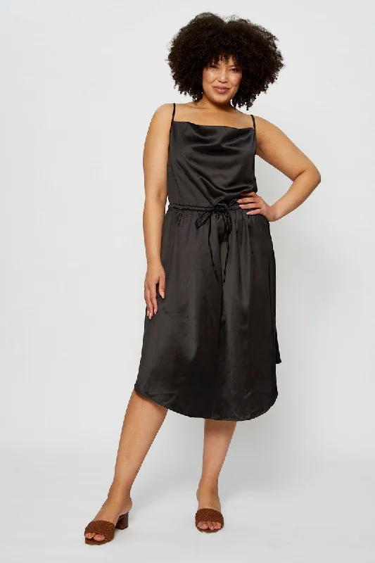 Black Midi Satin Dress Cowl Neck Sleeveless