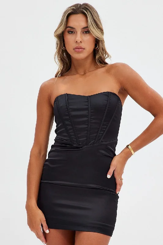 Black Mini Dress Strapless Corset Detail Satin