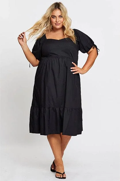 Black Short Puff Sleeve Black Bust Detail Dress