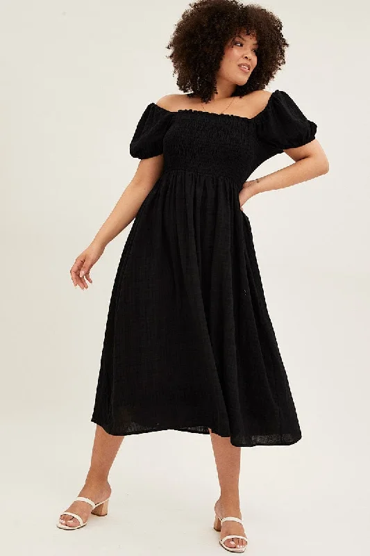 Black Textured Midi Dress Cotton Puff Sleeve