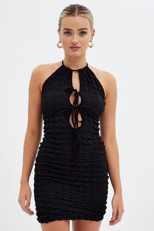 Black Textured Mini Dress Backless