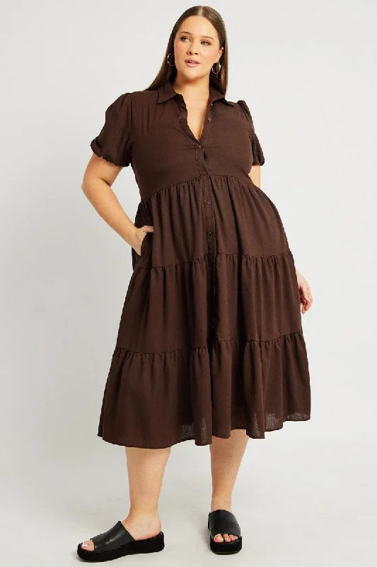 Brown Midi Dress Short Sleeve Shirt