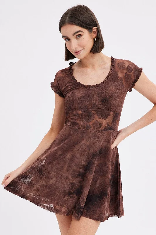 Brown Paisley Mini Dress Short Sleeve Scoop Neck Fit & Flare