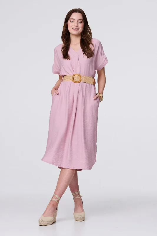 V-Neck Short Sleeve Belted Tunic Dress