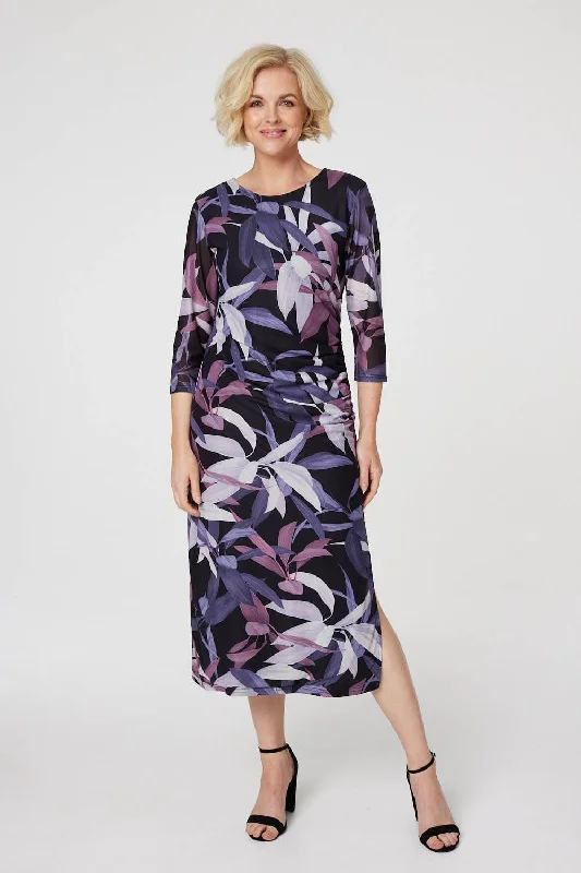 Leaf Print Fitted Midi Dress