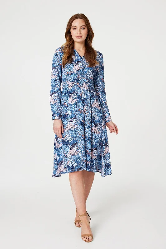 Printed Twist Front Midi Dress