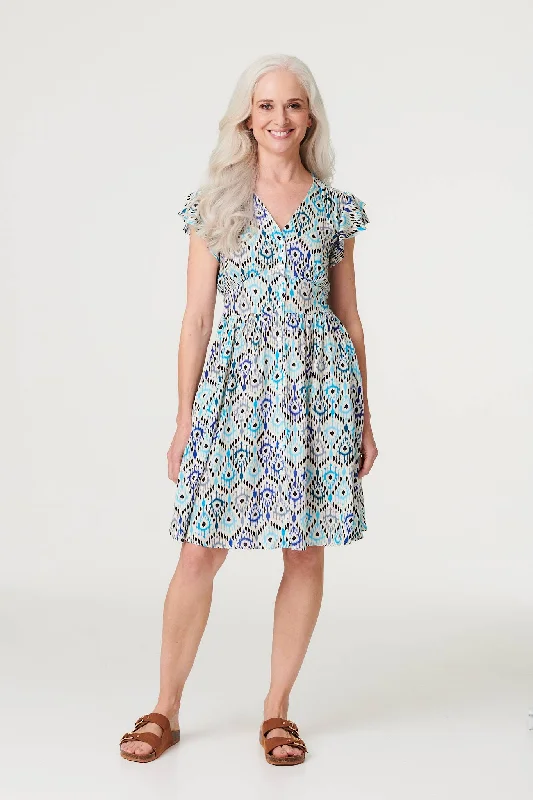 Printed Frill Sleeve Short Dress