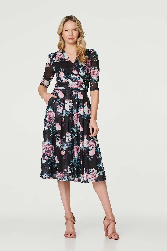 Floral Ruched Midi Tea Dress