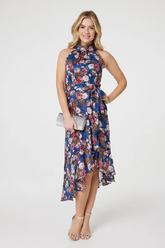 Floral Frill Hem Midi Halter Dress