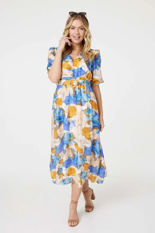 Printed 1/2 Sleeve Belted Midi Dress