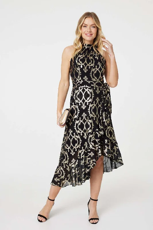 Printed High Low Halter-Neck Midi Dress