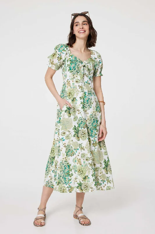 Floral Tie-Front Short Sleeve Midi Dress