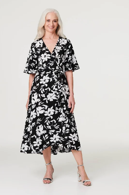 Floral Flute Sleeve Midi Dress