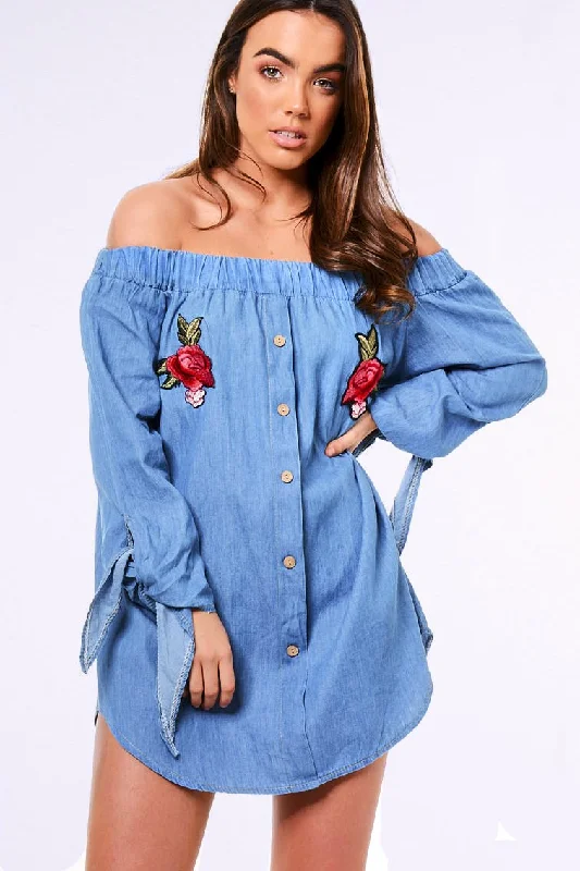 Denim Bardot Embroidered Mini Dress - Lena