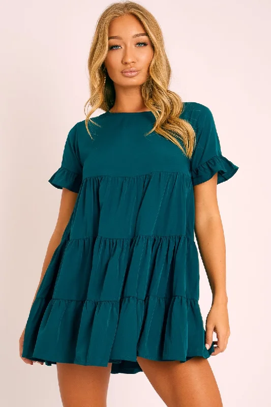 Emerald Green Smock Tiered Frill Sleeve Mini Dress - Olah