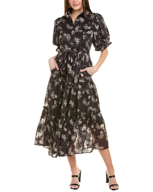 Gracia Bow Flower Printing Gathered Shirtdress