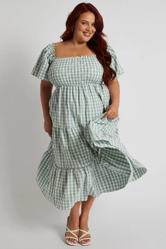 Green Check Midi Dress Short Sleeve Tie Back