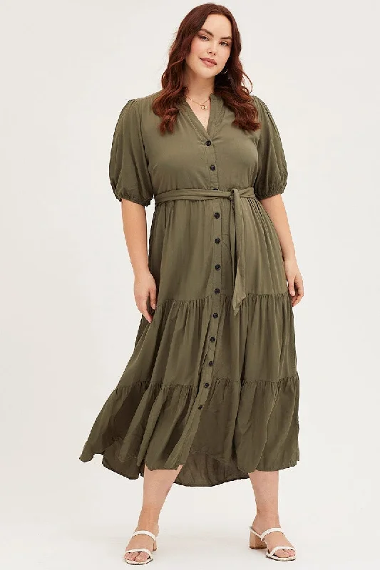 Green Short Sleeve Black Collared Button Midi Dress