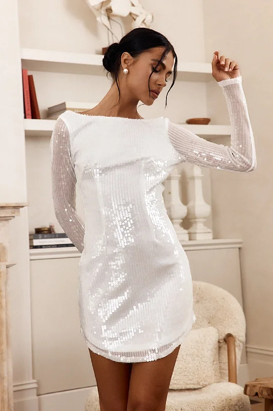 Karma Long Sleeve Keyhole Back Sequin Dress White