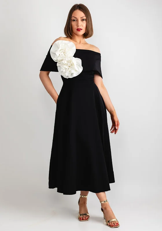 Kevan Jon Kyoto Bardot Corsage Flare Midi Dress, Black