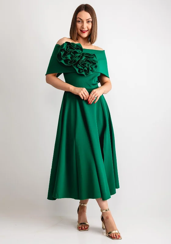 Kevan Jon Kyoto Bardot Corsage Flare Midi Dress, Kelly Green