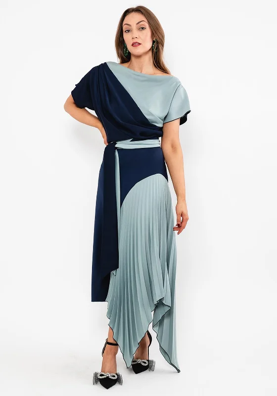 Kevan Jon Lucy Pleat Drape Maxi Dress, Navy & Duck Egg