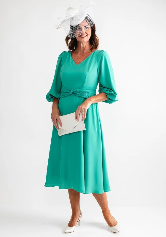 Lizabella Knit Waist V Neck Midi Dress, Jade Green