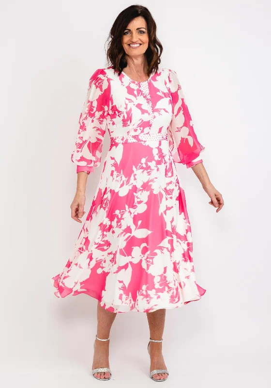 Lizabella Floral Chiffon Maxi Dress, Hot Pink & White