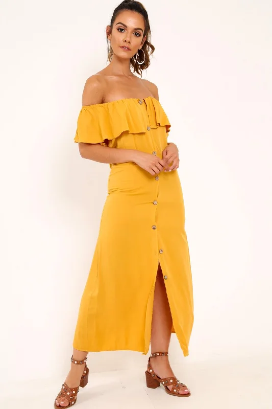 Mustard Bardot Frill Button Front Midi Dress - Clancy