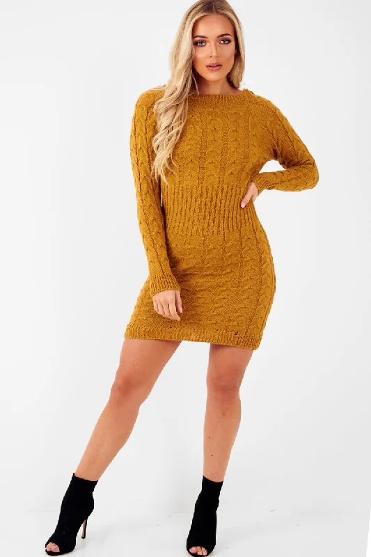 Mustard Cable Knit Jumper Midi Dress - Jaylie