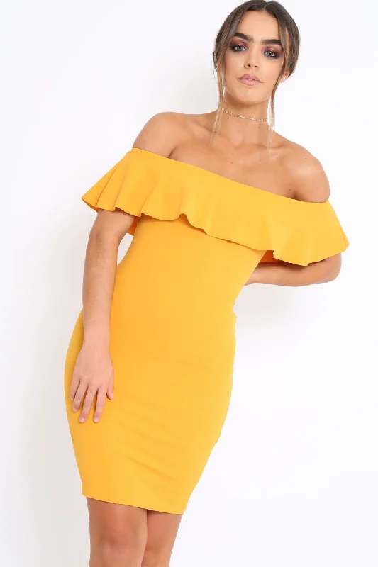 Mustard Frill Bardot Midi Dress - Bridget