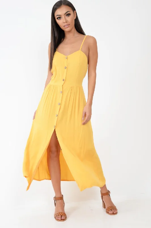 Mustard Strappy Button Down Midi Dress - Shaelee