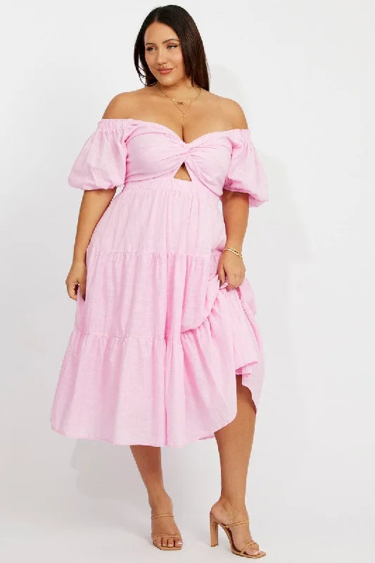 Pink Midi Dress Short Sleeve Twist Front