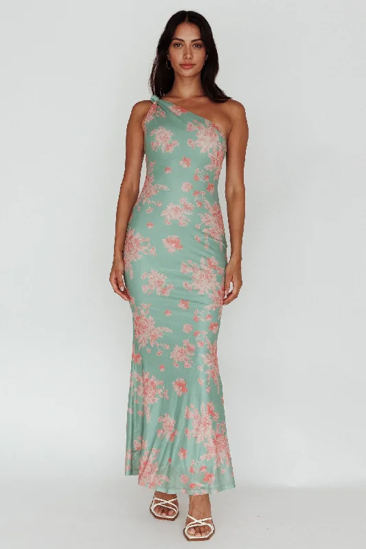 Portland One-Shoulder Jersey Maxi Dress Floral Green