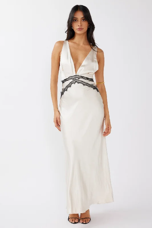 Theriz Lace Trim Tied Back Maxi Dress Champagne