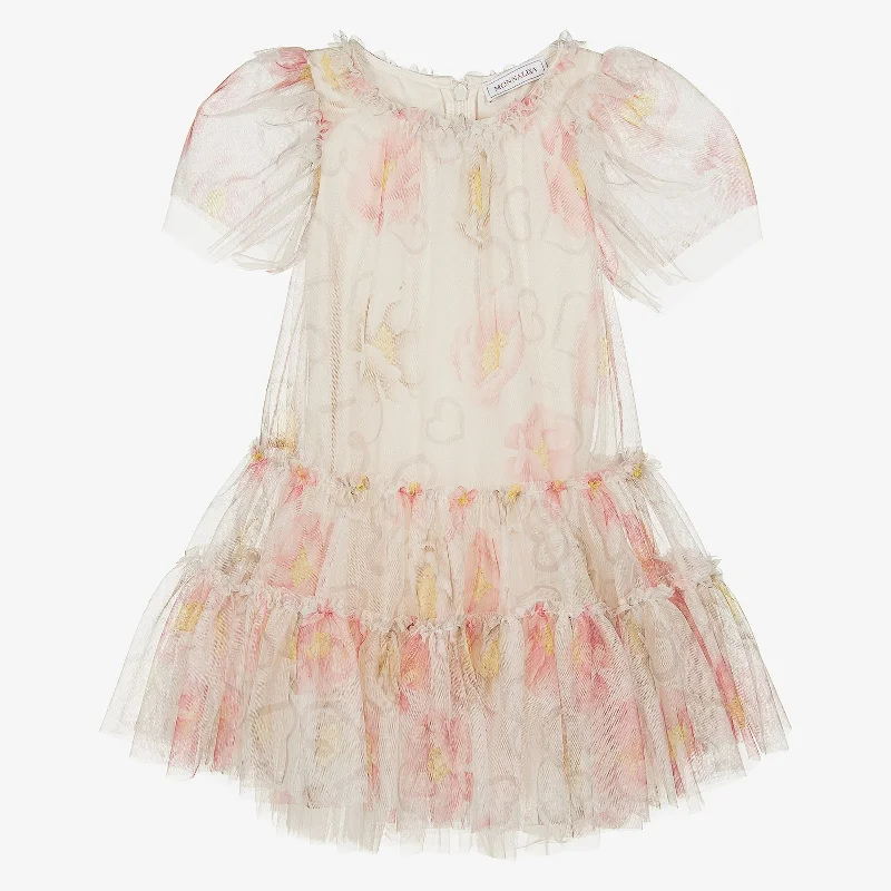 White Dress with Tulle and Floral Print