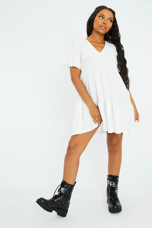 White Frill Smock Dress - Ruth