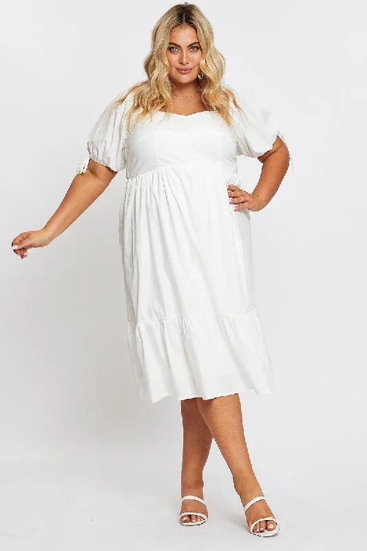 White Short Puff Sleeve Bust Detail Dress