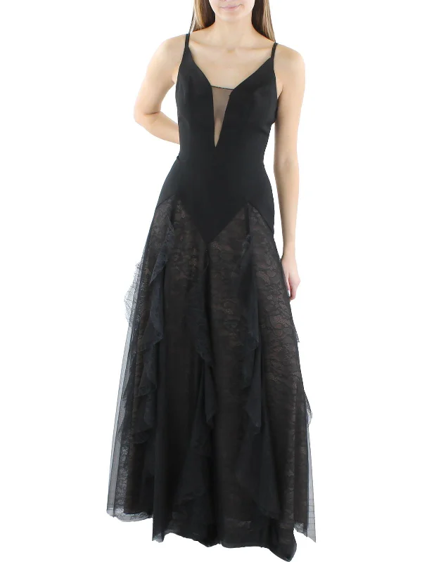 Womens Lace Trim Ruffled Evening Dress