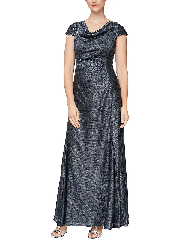 Womens Metallic Cowl Neck Evening Dress