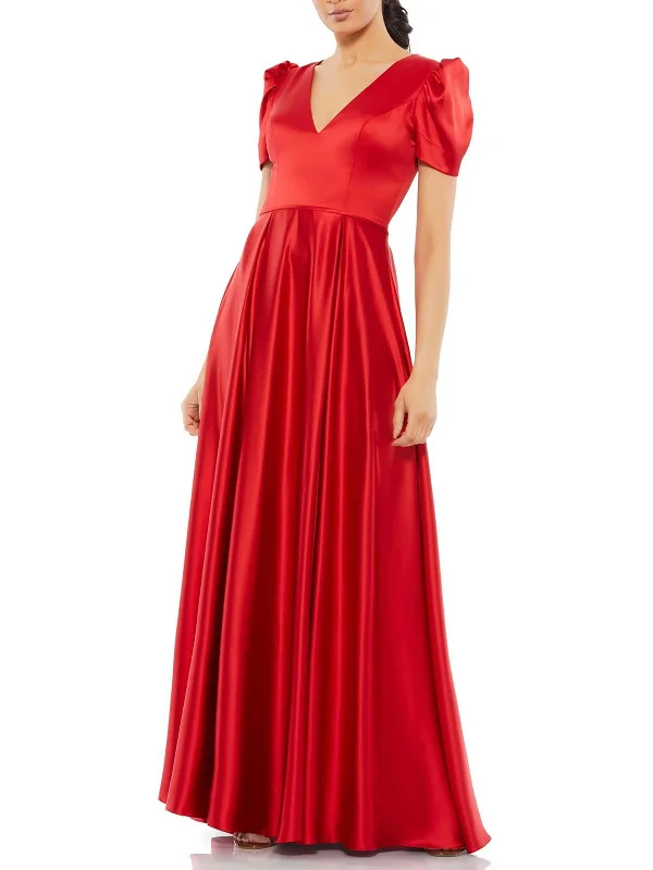 Womens Satin Puff Sleeve Evening Dress