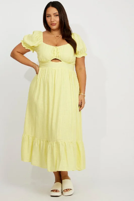 Yellow Midi Dress Short Sleeve Ruched Bust