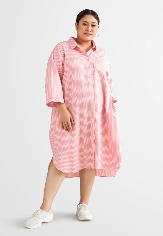 Leandra Stripes Long Shirt Dress - Pink