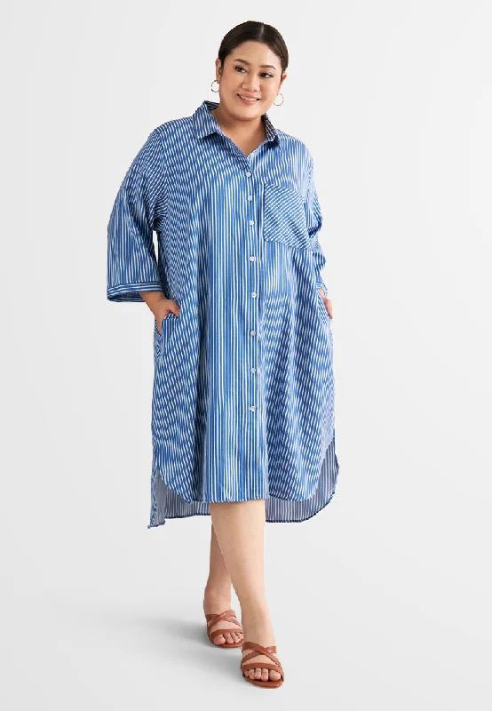 Leandra Stripes Long Shirt Dress - Blue