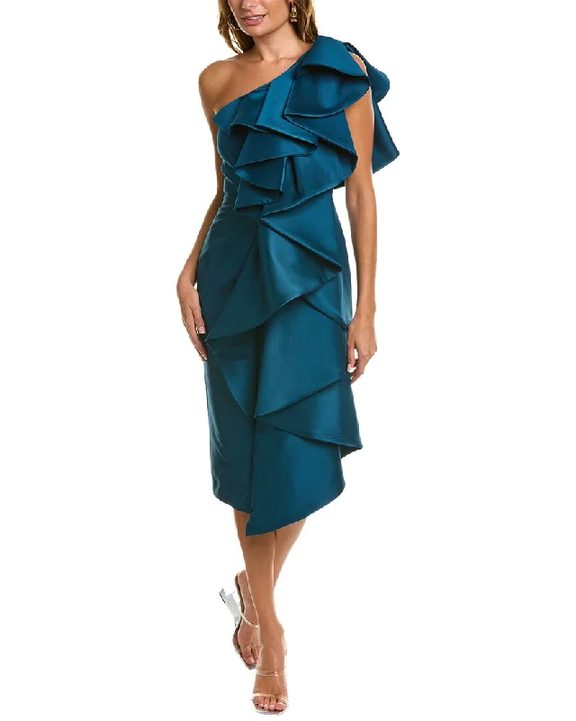 Badgley Mischka Ruffled One-Shoulder Cocktail Dress